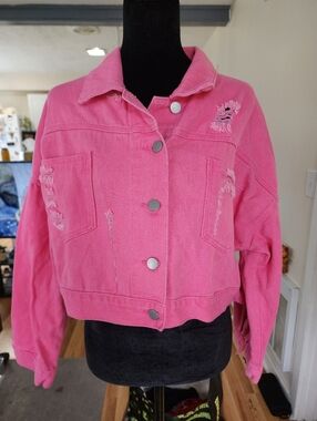 Pink Denim Rhinestone Fringe Jacket Distressed Cowgirl Size M/L